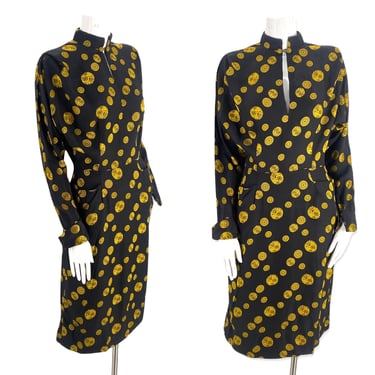 40s silk rayon day dress, vintage 1940s medallion print tailored dress, 50s wiggle dress, black yellow dress 25" W 