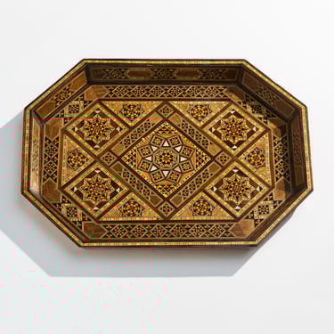 Vintage Marquetry Wood Mosaic Inlay Tray // Walnut Wood with Inlaid Mother of Pearl Shell // Wide Octagonal Serving Tray 