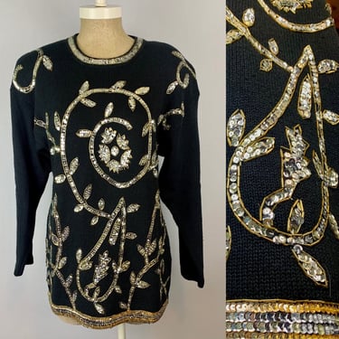 Women’s Vintage 80’s Black Silver Sequin Sparkle Pullover Sweater | Size Medium | Cocktail Party NYE 