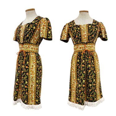 Vtg Vintage 1970s 70s OOAK Novelty Folk Print Lace Up Bodice Cottage Mini Dress 