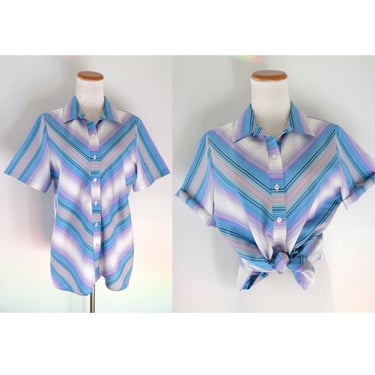 Vintage Pastel Striped Blouse - 80s Colorful Candy Stripe Short Sleeve Top - Size Medium 