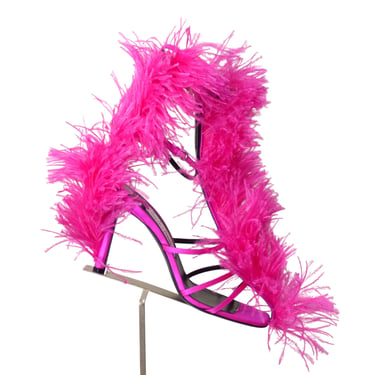 SERGIO ROSSI- Pink Strappy Feather Sandals, Size 40