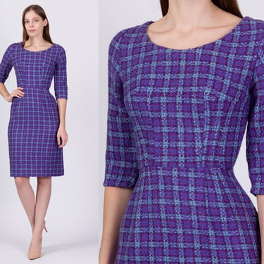 60s Purple Plaid Sheath Dress - Extra Small | Vintage Wool Knit 3/4 Sleeve Fitted Pencil Wiggle Dress 