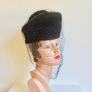 1940's Black Felt High Crown Pillbox Hat with Full Face Veil WW2 Era Rockabilly 40's Fall winter Millinery Jean Allen Gage Size 22 