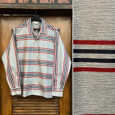 Vintage 1950’s Size L -Deadstock- Gradation Stripe Loop Collar Cotton Rockabilly Shirt, 50’s Long Sleeve Button Down, Vintage Clothing 