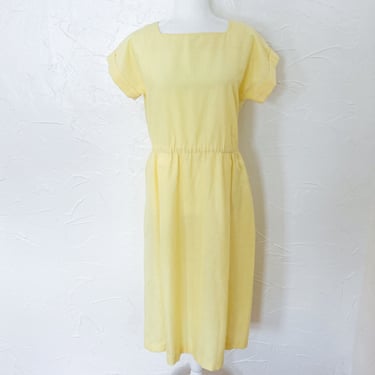 80s Yellow Square Neckline Short Sleeve Midi Dress | Large 