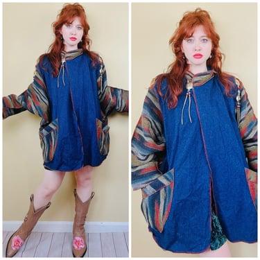 1990s Vintage Patti Van Ryn Cotton Denim Southwestern Cocoon Coat / 90s / Western Wool / Acrylic Concho Swing Jacket / Size Large 