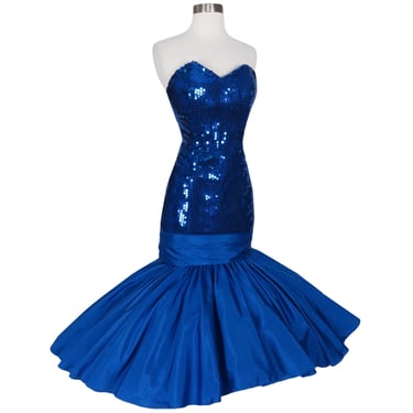 Vintage 80s Blue Sequin Strapless Full Mermaid Skirt Bow Prom Party Dress M Medium Costume Taffeta Shiny Pinup Bombshell HoCo Homecoming 