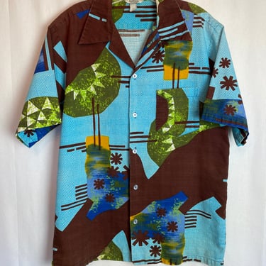 60’s Mod Hawaiian shirt~ bright color block tiki vibes~ 100% cotton made in Hawaii men’s size M/L 