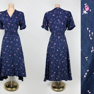 Exquisite VINTAGE 1940s Navy Blue and Pink Ballerina Novelty Print Rayon Dress | Unique 40s Button Front Belted Full Day Dress | VFG 