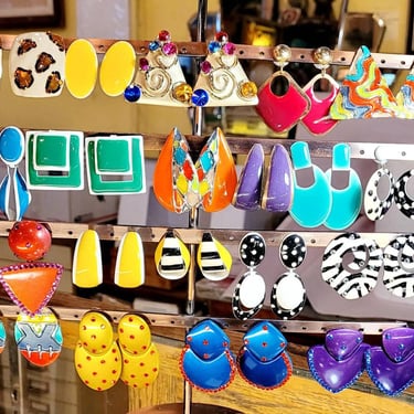 Multiple 1980s enameled earrings. Colorful 80s earrings 