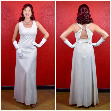 1970s Lurex Silvery White Gown Maxi Dress 