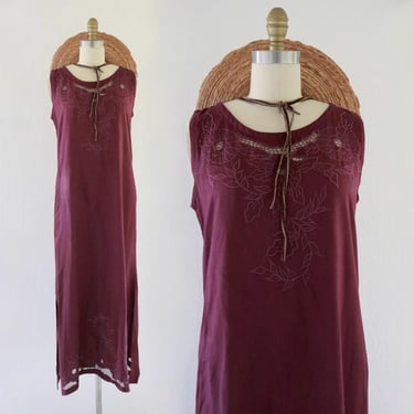 plum cutwork dress - s - vintage womens size small 90s 1990s embroidered floral sleeveless long maxi 