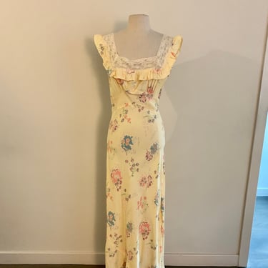 1940s pale yellow rayon floral bias cut cap sleeve gown-size S 