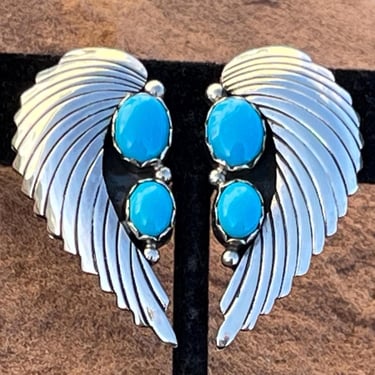 Joe Begay ~ Vintage Navajo Sterling Silver and Sleeping Beauty Turquoise Wing Clip on Earrings 