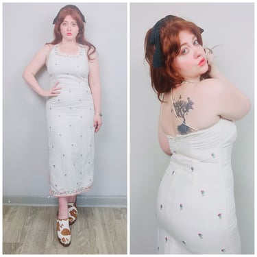 1990s Vintage Kenar Linen and Rayon Cream Dress / 90s Floral Embroidered Backless Wiggle Dress / Size Large 
