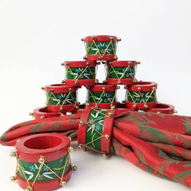 Vintage Christmas Drum Napkin Ring Set of 12 / Traditional Red and Green Hand Painted Wooden Holiday Dinner Napkin Rings 