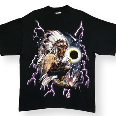 Vintage 90s USA Thunder Native American & Bald Eagle Double Sided Lightning Print Graphic T-Shirt Size XL 