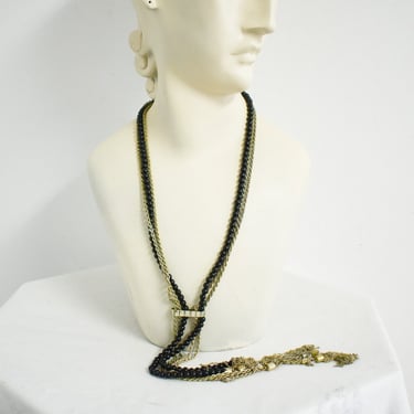 1980s/90s Black Bead and Gold Chain Tassel Necklace 