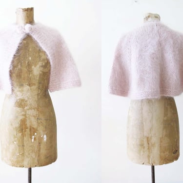 Vintage 50s Fuzzy Mohair Capelet Shrug - Pale Pink 1950s Mini Cape - Romantic Pin Up Rockabilly Clothing - Bolero Jacket Shrug 