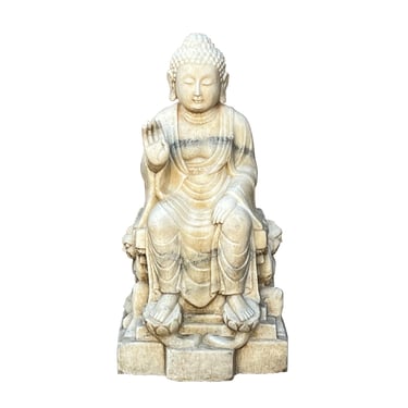 Asian White Stone Carved Sitting Buddha On Base With Heavenly Guardian Soldier n595E 