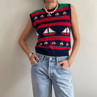 Cotton Intarsia Sailboat Sleeveless Sweater Vest