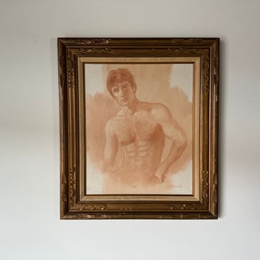1970's Lazarte  Nude Man Portrait Oil Painting, Framed 