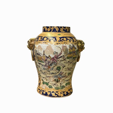Chinese Oriental Porcelain People Scenery Foo Dog Round Fat Vase ws3492E 