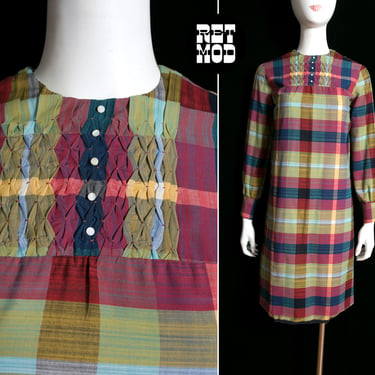 Cute Vintage 60s 70s Maroon Plaid Cotton Shift Dress with Long Sleeves 