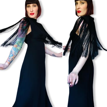 Vintage 1960's Black Rayon Crepe Fringe Cape Backless Gown w/ Extra Long Fringe - size Small to Medium 
