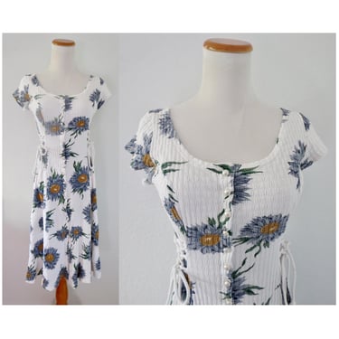 Vintage 90s Floral Dress - Button & Lace Up White Cotton Short Sleeve Daisy Sunflowers Midi - Size Small 