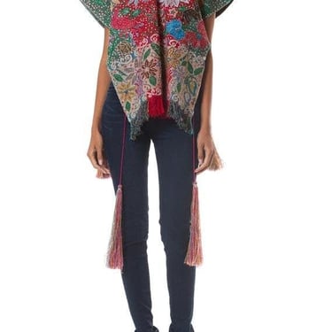 1970S  Hand Woven Cotton Peruvian Ceremonial Poncho Covered In Metallic Embroidery With Tassels 