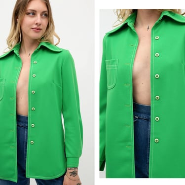Vintage 1970s 70s Technicolor Neon Lime Green Psychedelic Mod Jacket Blouse w/ Baker Lite Buttons Dagger Collar Retro 
