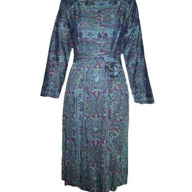 Claire McCardell 1950s Sea Green Cotton Tapestry Dress w/ Belt