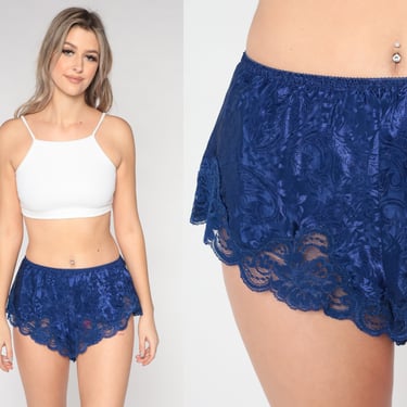 Satin Lace Tap Shorts 90s Indigo Satin Boy Shorts Floral Embossed Sleep Shorts Lingerie Pajama Bottoms 1990s Sexy Vintage Silky Small Medium 