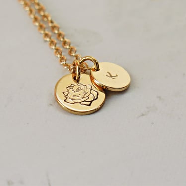Personalized Birth Month Flower Necklace, 18k Gold Plated, Floral Initial Pendant, Minimalist Stamped Jewelry, Birthday Gift for Her 
