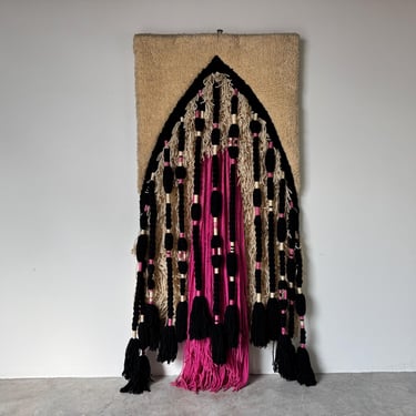 Vintage Handmade Wool Wall Hanging with Tassels and Braided Details 