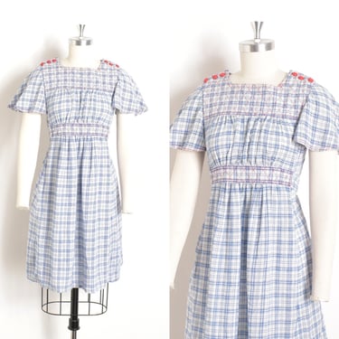 Vintage 1970s Dress / 70s Plaid Cotton Mini Dress / Blue White Red ( S M ) 