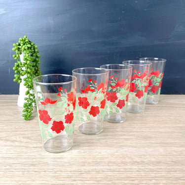 Red printed flower glassware - set of 5 - 1960s vintage glasses 