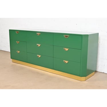 John Widdicomb Mid-Century Hollywood Regency Campaign Green Lacquered Triple Dresser or Credenza, Newly Refinished