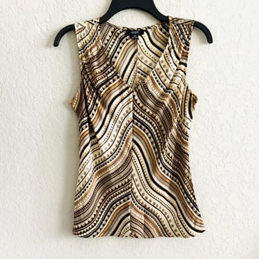 Vintage Alfani Blouse Brown Beige Print V Neck Sleeveless Silk 10P Office Casual 