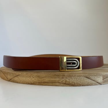 Vintage 90s Handmade Bizzotto Italian Genuine Leather Arch Golden Buckle Belt L 