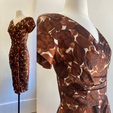 Vintage 50s COCKTAIL Dress / SARONG + Ruched Waist + Hourglass Wiggle Cut / Chocolate Brown Tropical Print 