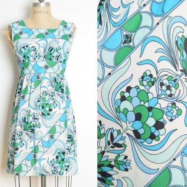 vintage 60s dress blue green psychedelic floral graphic print babydoll mini XS clothing 