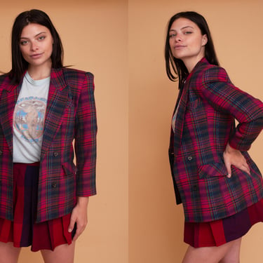 Vintage 80s Pink Tartan Fitted Blazer / Plaid Jacket Power Suit 