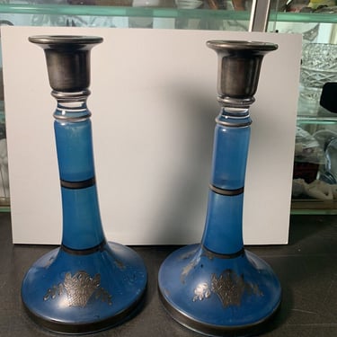 Antique Moonlight Blue Glass Candle Sticks w Hand Painted Pewter Colored Accents 