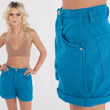 Bright Blue Denim Shorts 80s Jean Shorts CUFFED Jeans Mom Shorts Colored High Waisted 1980s Vintage Small 26 