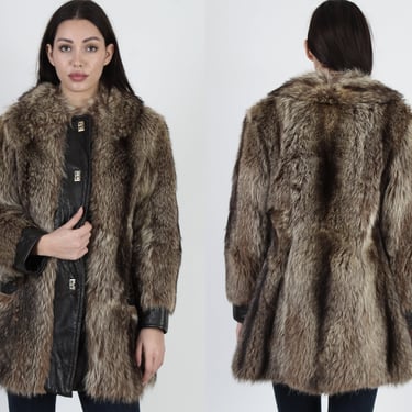 Raccoon Real Fur Trench Coat, Large Shawl Shaggy Collar, Vintage 70s Mod Leather Toggle Closure Jacket 