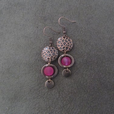 Mid century modern pink frosted glass and copper earrings 