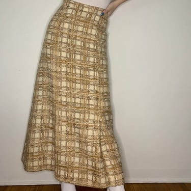 Vintage 70&#39;s Cream and Tan Wool Plaid High Waisted Skirt by VintageRosemond